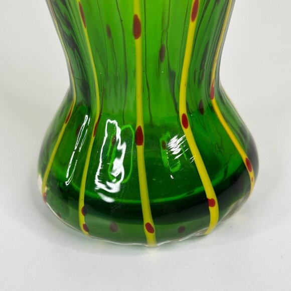 Eastern Hand-Blown Green Glass Vase With Yellow & Red Swirl Design 10.5" - Picture 4 of 12